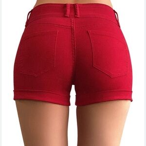 INDERO COLLECTION High-Rise Red Denim Shorts with Cuffed Hem